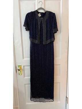 Size L Vintage Brilliante By JA 100% Silk Navy Blue Beaded Maxi Dress Cocktail